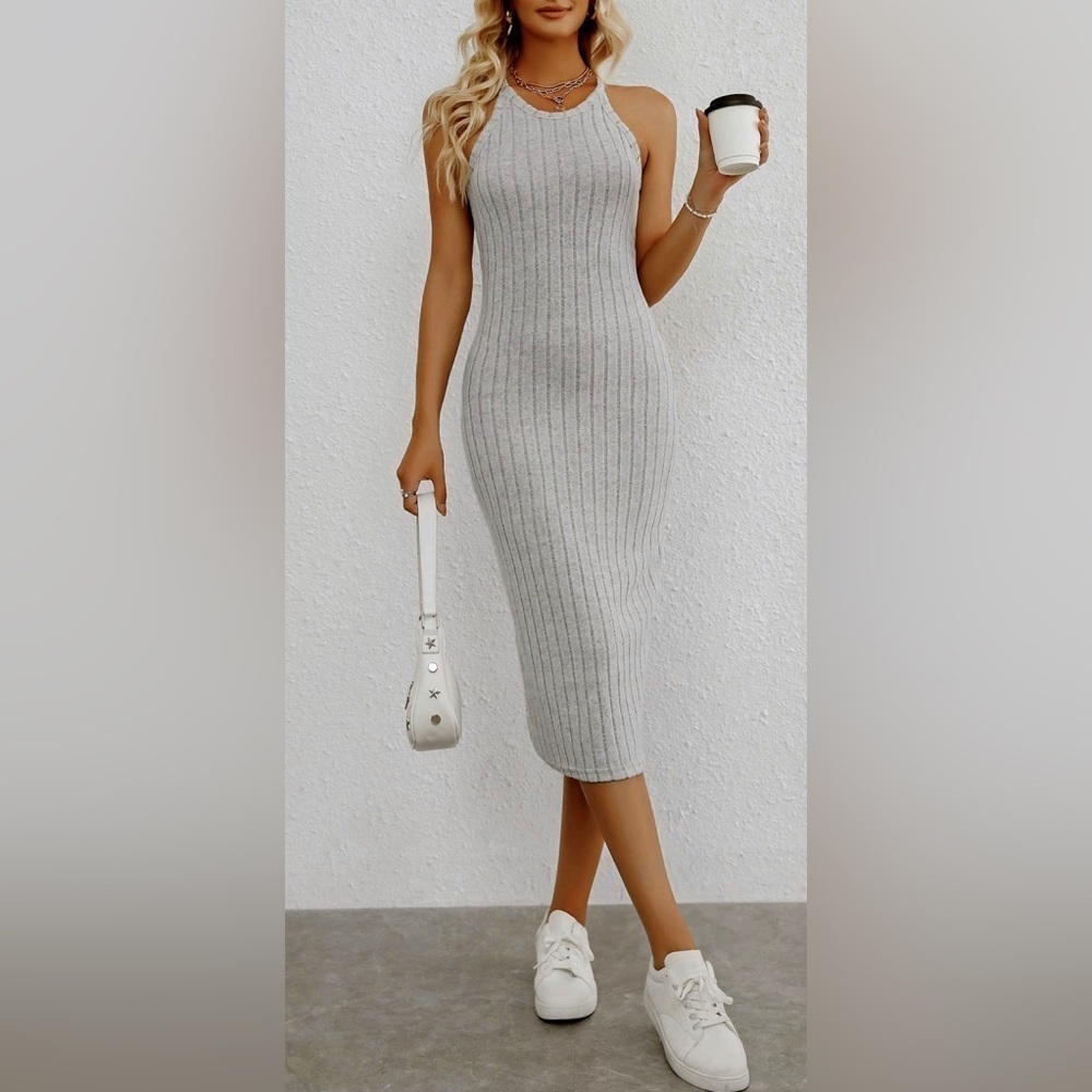 NWT Womens Gray Halter Ribbed Bodycon Sweater Midi Dress - Picture 3 of 17
